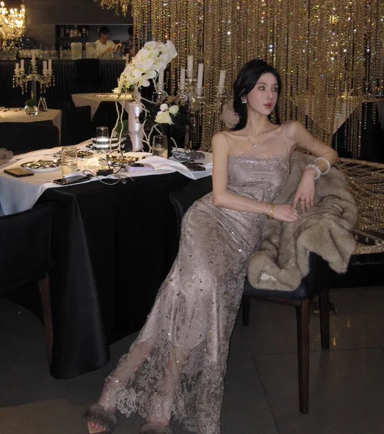 Charming Mermaid Spaghetti Strap Lace Sequins Champagne Long Prom Dress