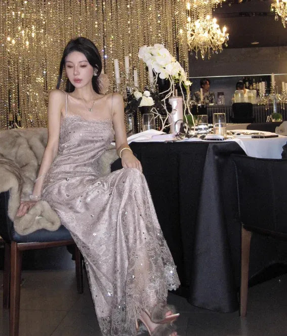 Charming Mermaid Spaghetti Strap Lace Sequins Champagne Long Prom Dress