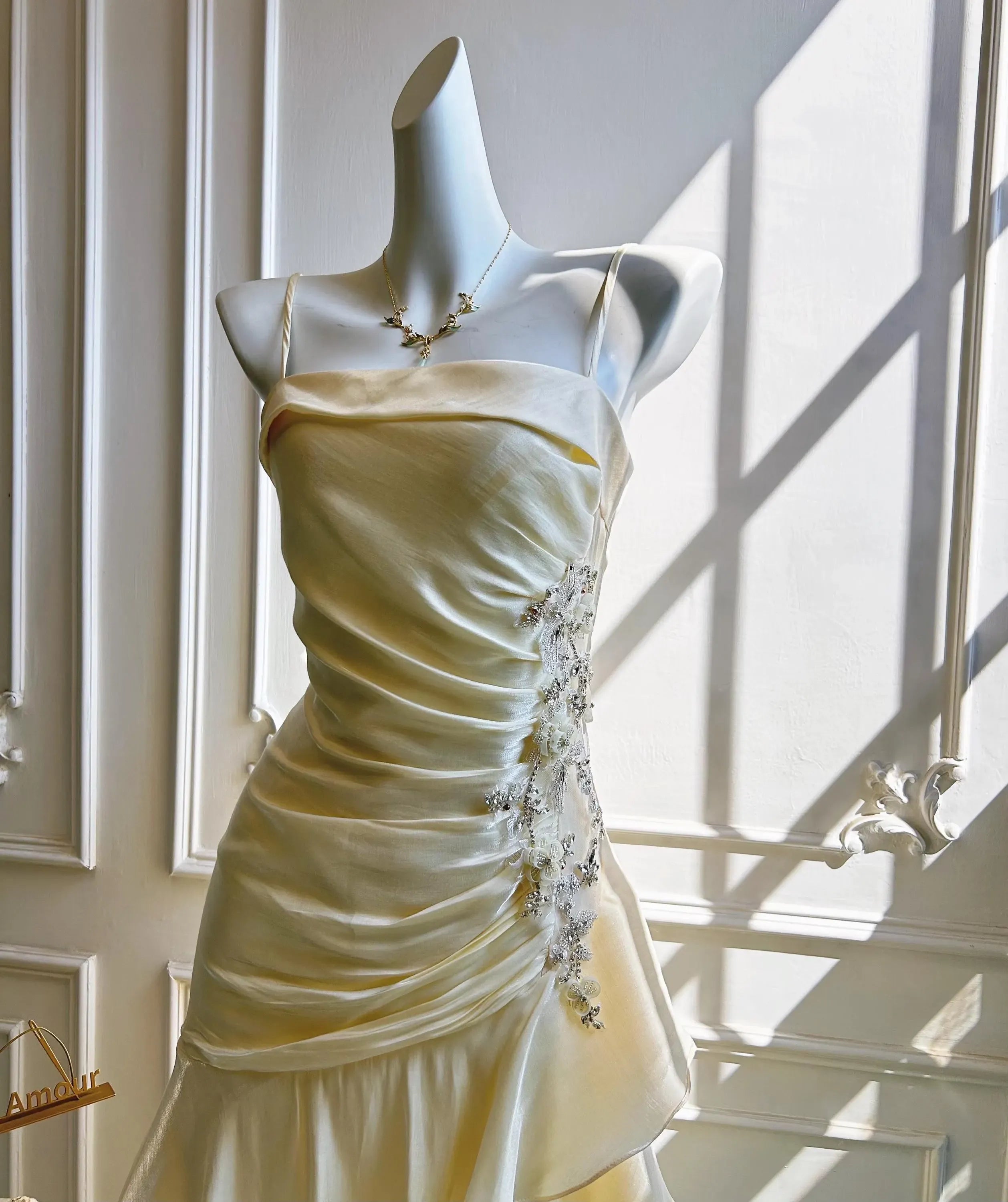 Charming Mermaid Spaghetti Straps Beaded Pale Yellow Prom Dress With Ruffle Hem