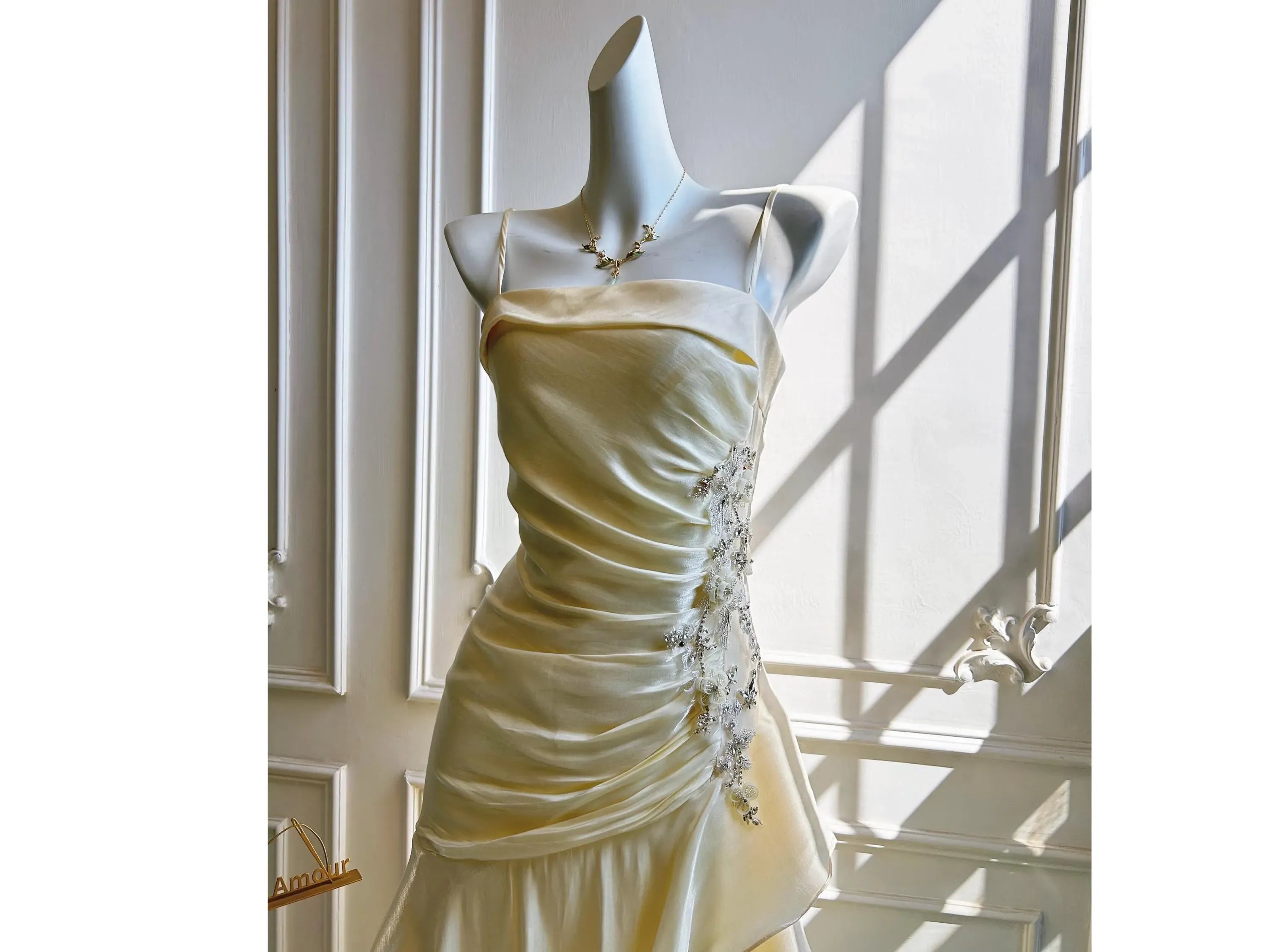 Charming Mermaid Spaghetti Straps Beaded Pale Yellow Prom Dress With Ruffle Hem