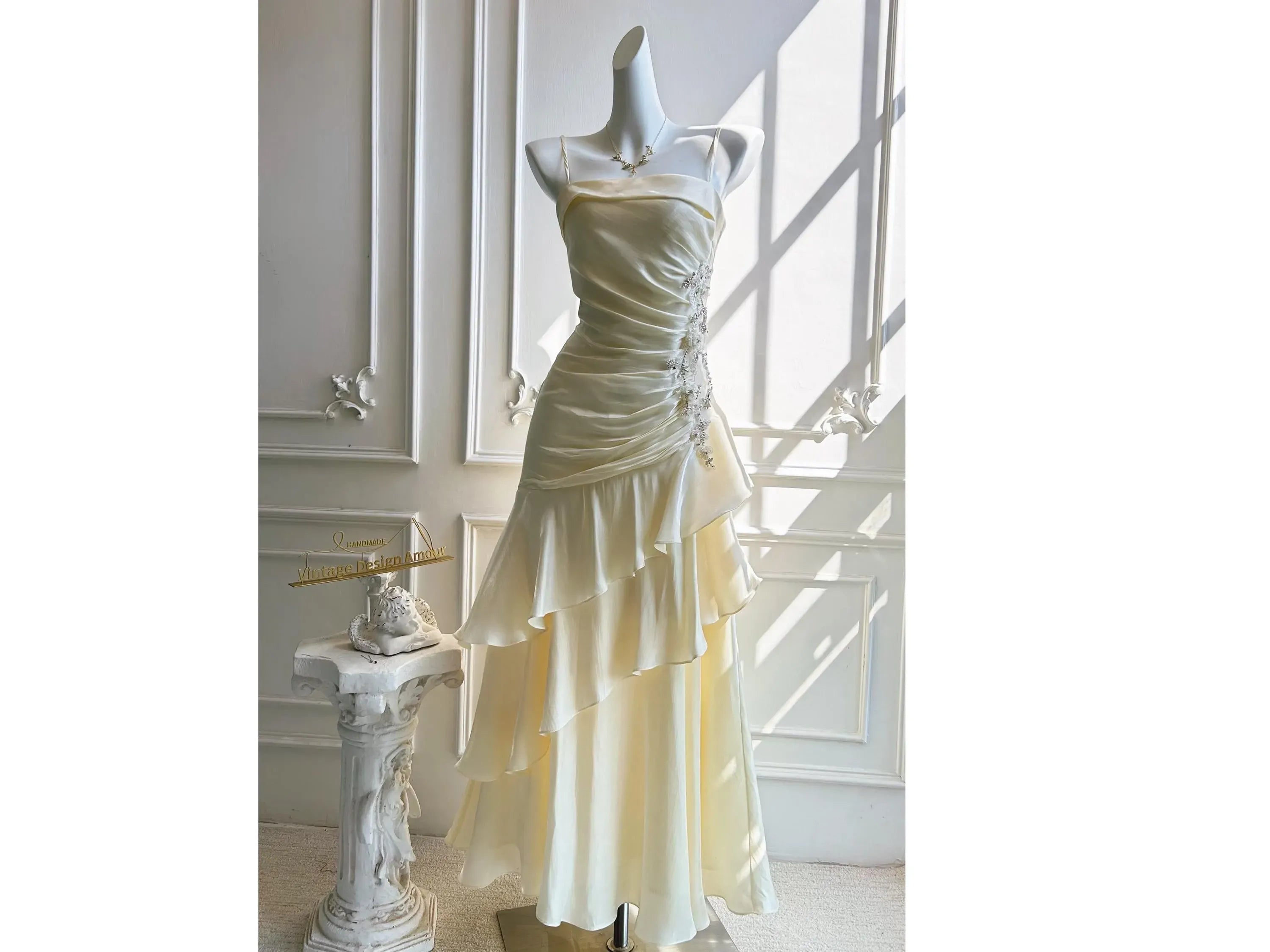 Charming Mermaid Spaghetti Straps Beaded Pale Yellow Prom Dress With Ruffle Hem