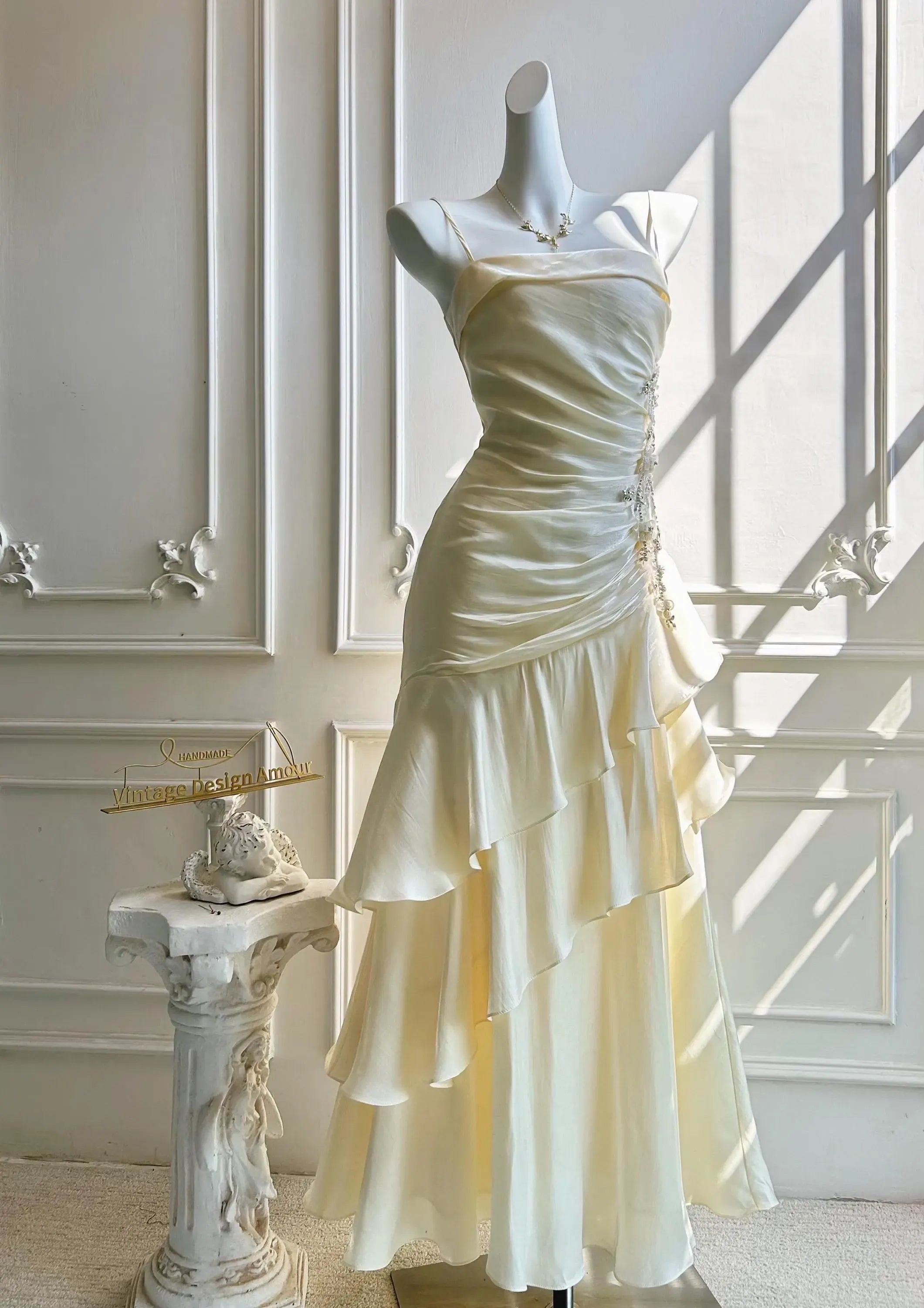 Charming Mermaid Spaghetti Straps Beaded Pale Yellow Prom Dress With Ruffle Hem