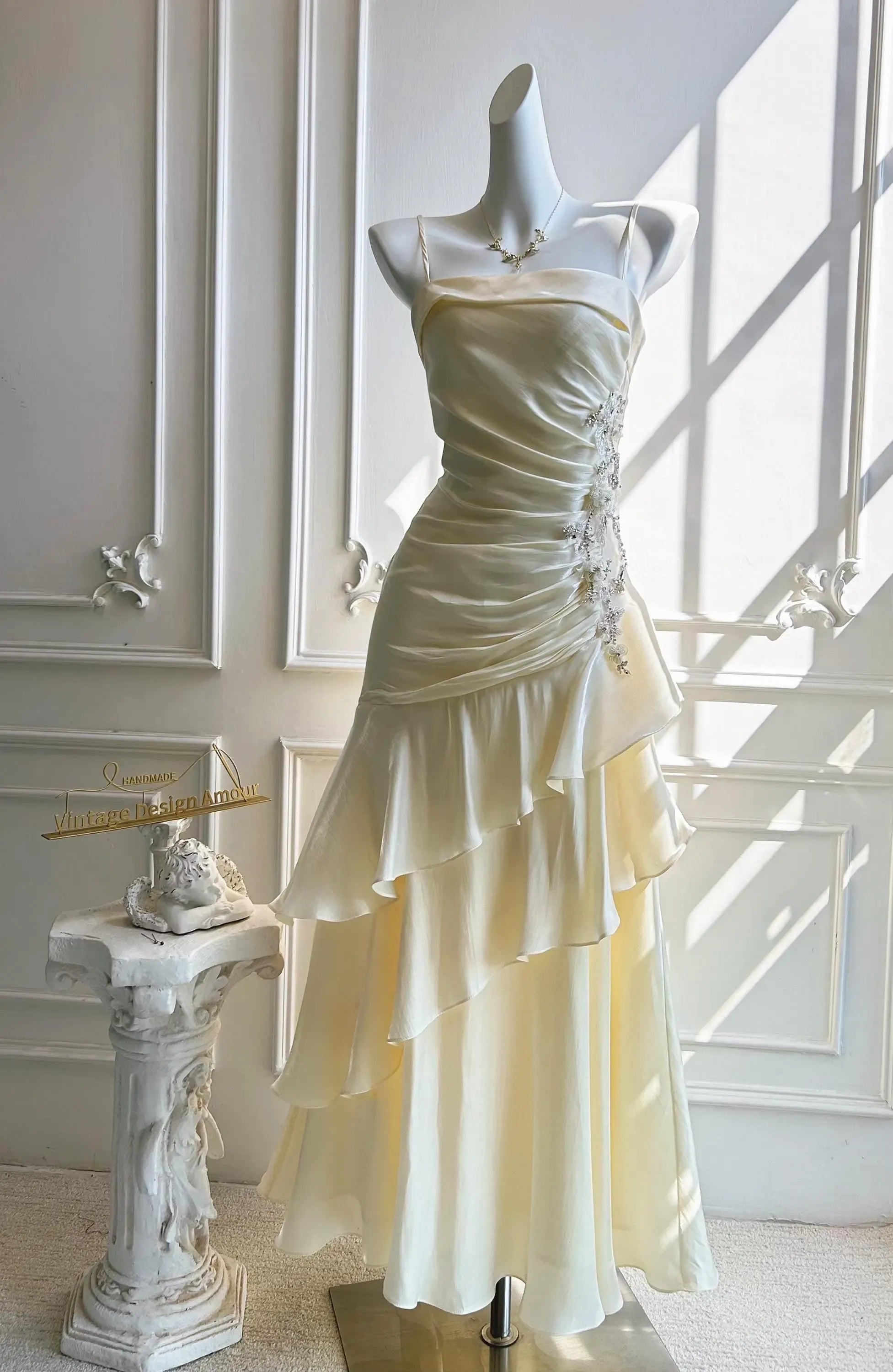 Charming Mermaid Spaghetti Straps Beaded Pale Yellow Prom Dress With Ruffle Hem