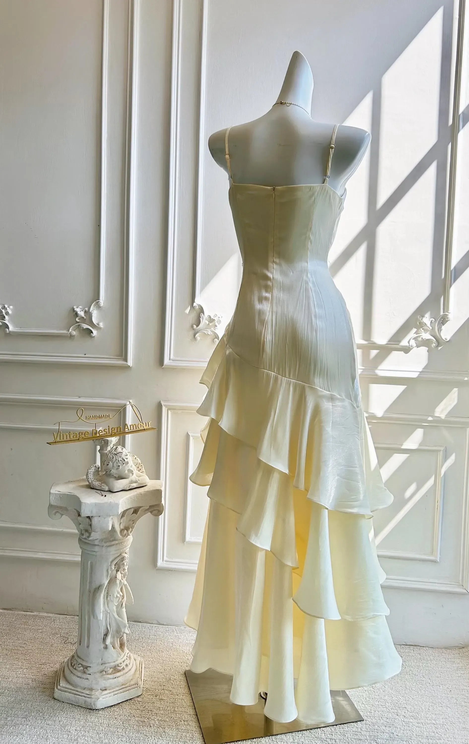 Charming Mermaid Spaghetti Straps Beaded Pale Yellow Prom Dress With Ruffle Hem