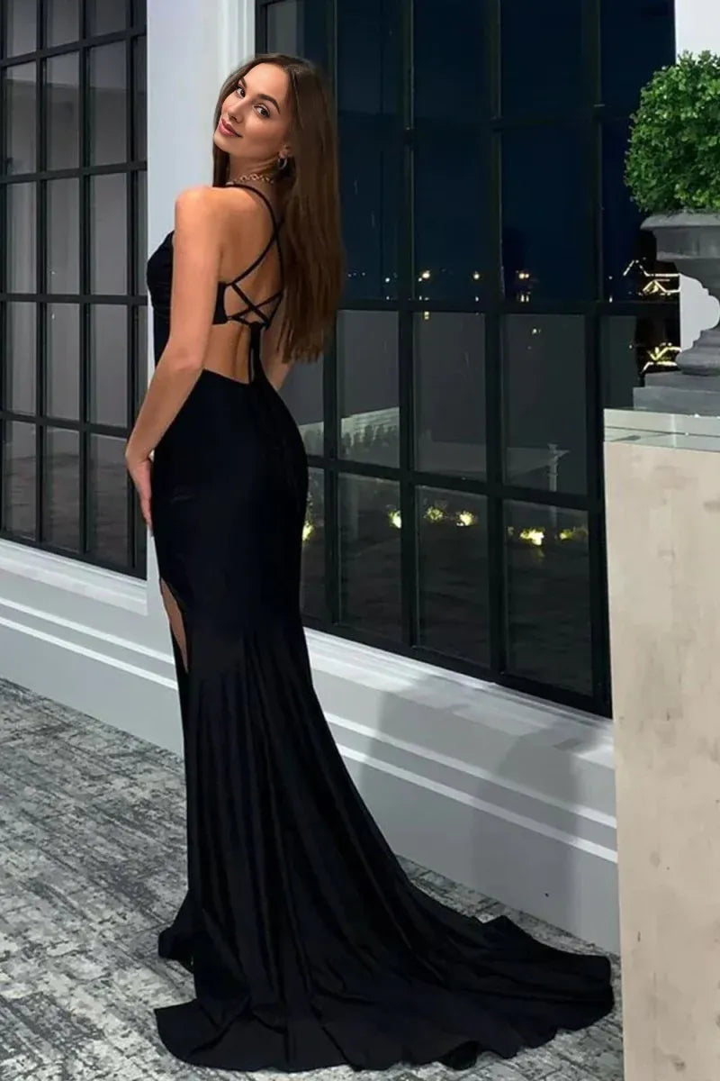 Charming Mermaid Spaghetti Straps Slit Black Evening Dress With Train