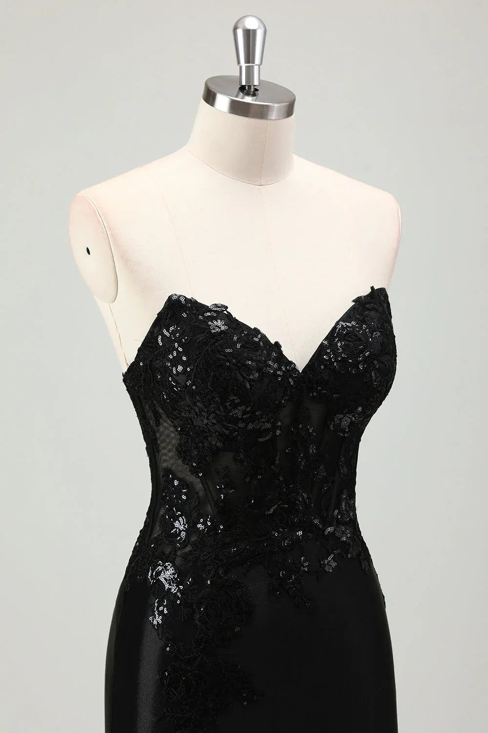 Charming Mermaid Strapless Corset Sequin Black Maxi Prom Dress With Slit