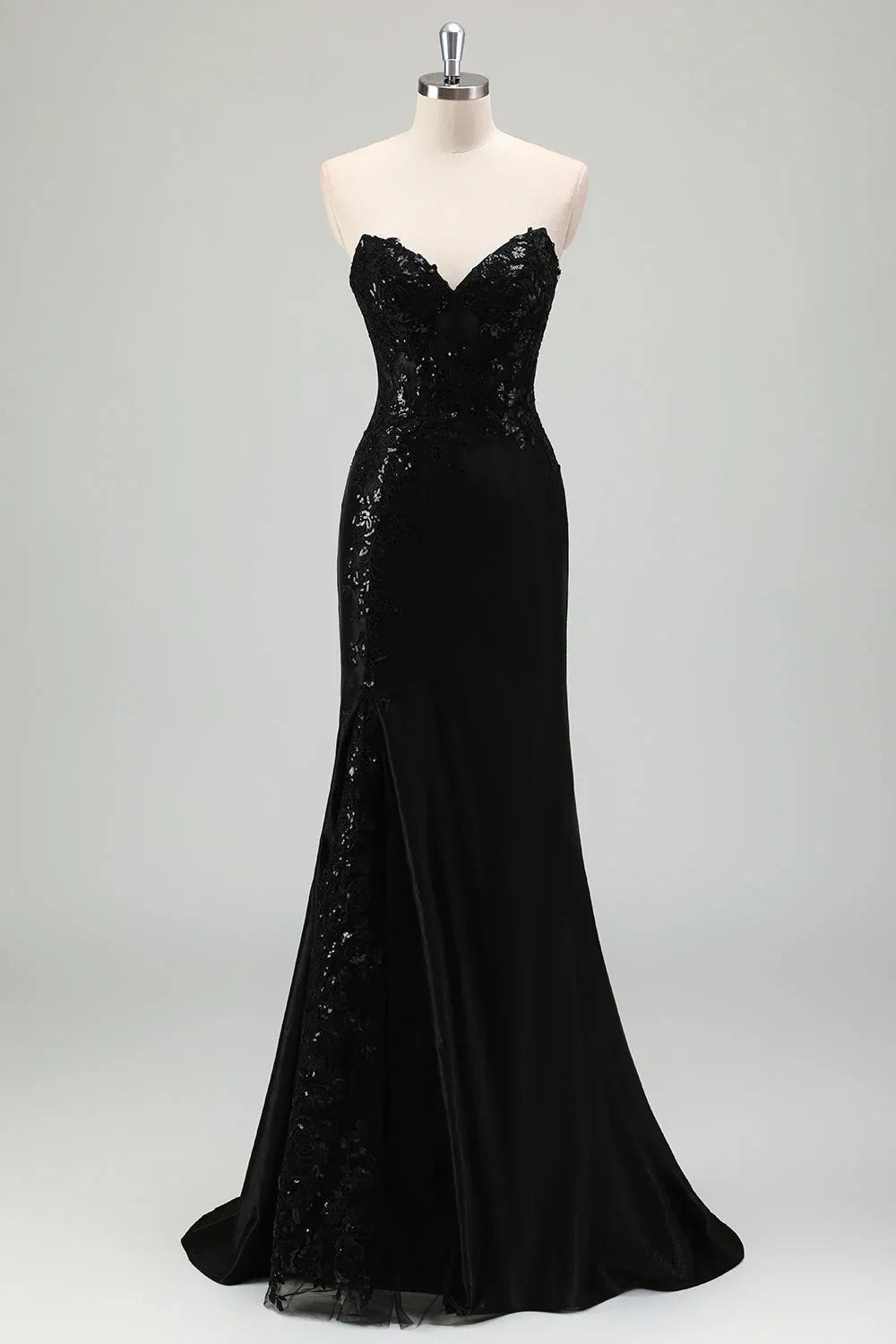 Charming Mermaid Strapless Corset Sequin Black Maxi Prom Dress With Slit
