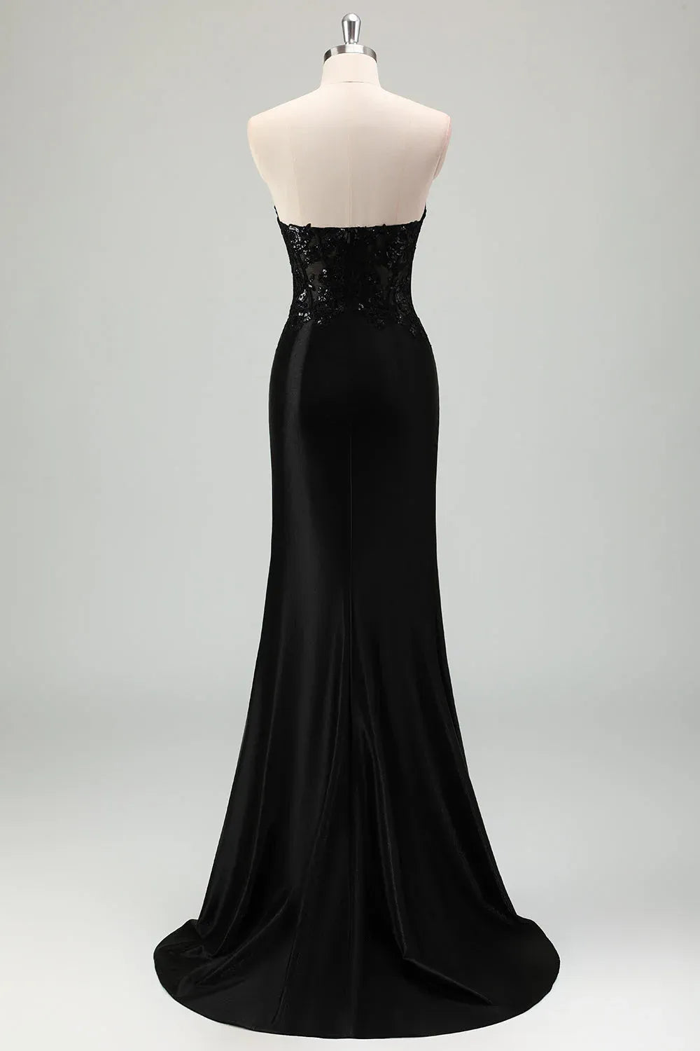 Charming Mermaid Strapless Corset Sequin Black Maxi Prom Dress With Slit