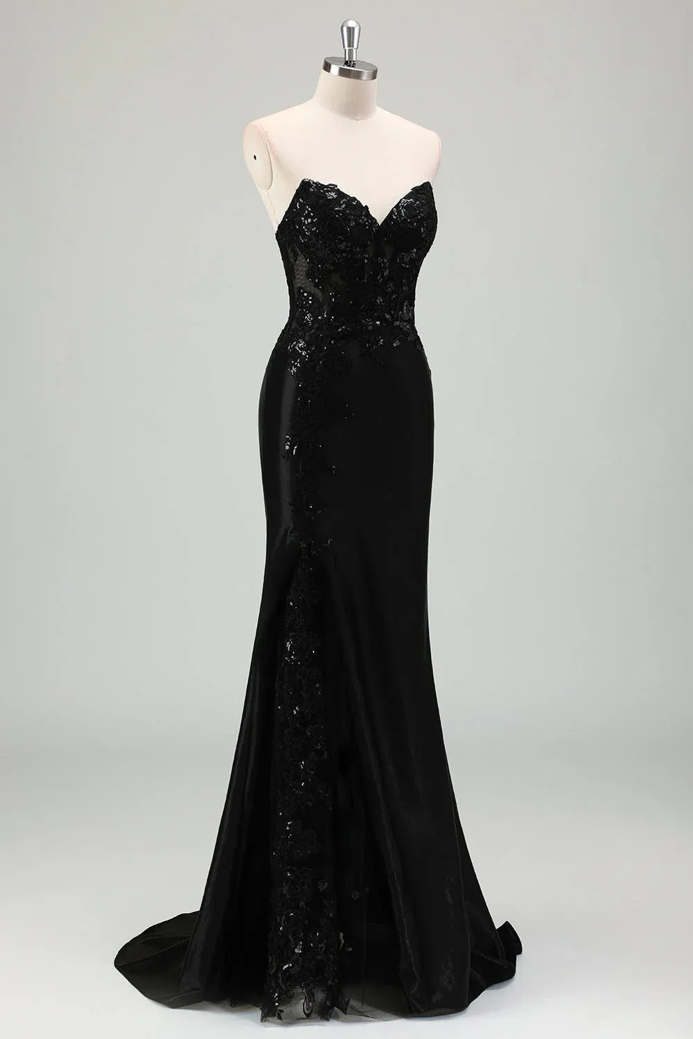 Charming Mermaid Strapless Corset Sequin Black Maxi Prom Dress With Slit