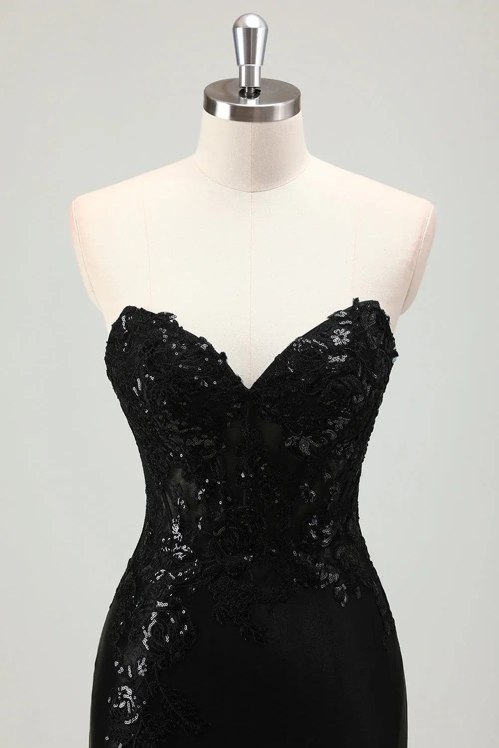 Charming Mermaid Strapless Corset Sequin Black Maxi Prom Dress With Slit