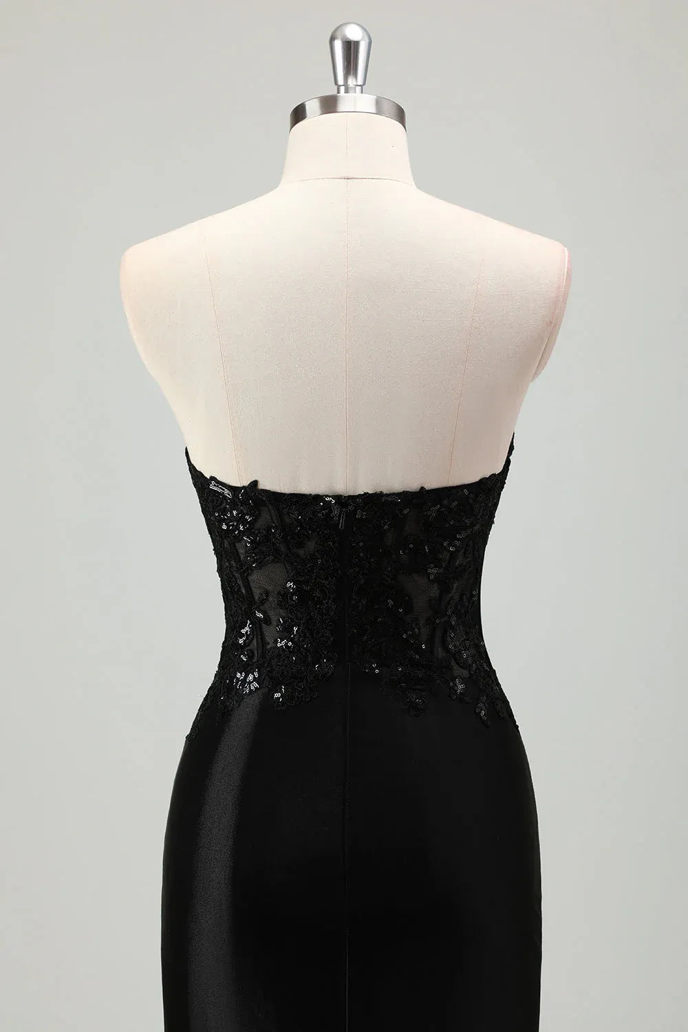 Charming Mermaid Strapless Corset Sequin Black Maxi Prom Dress With Slit