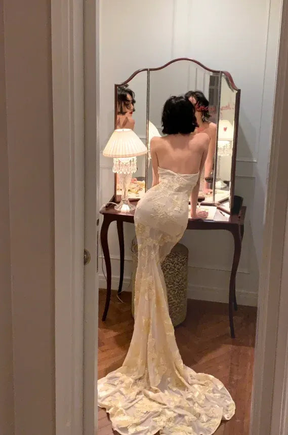 Charming Mermaid Strapless Floral Lace Champagne Prom Dress With Train