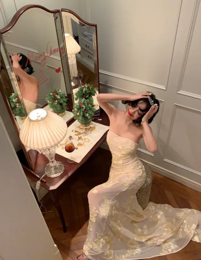 Charming Mermaid Strapless Floral Lace Champagne Prom Dress With Train