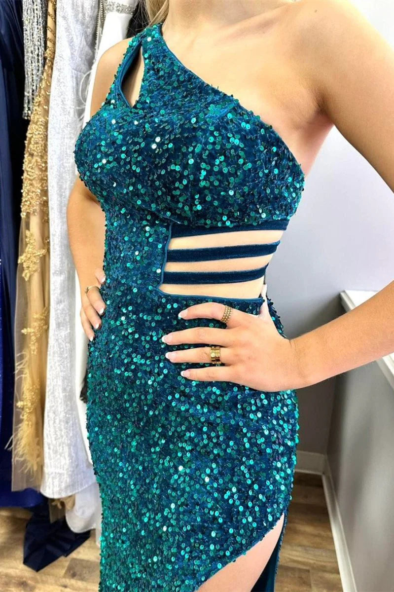 Charming One Shoulder Keyhole Cutout Sequin Turquoise Long Prom Dress With Slit