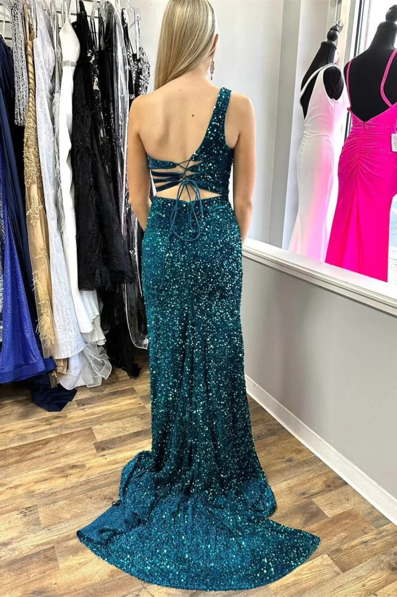 Charming One Shoulder Keyhole Cutout Sequin Turquoise Long Prom Dress With Slit