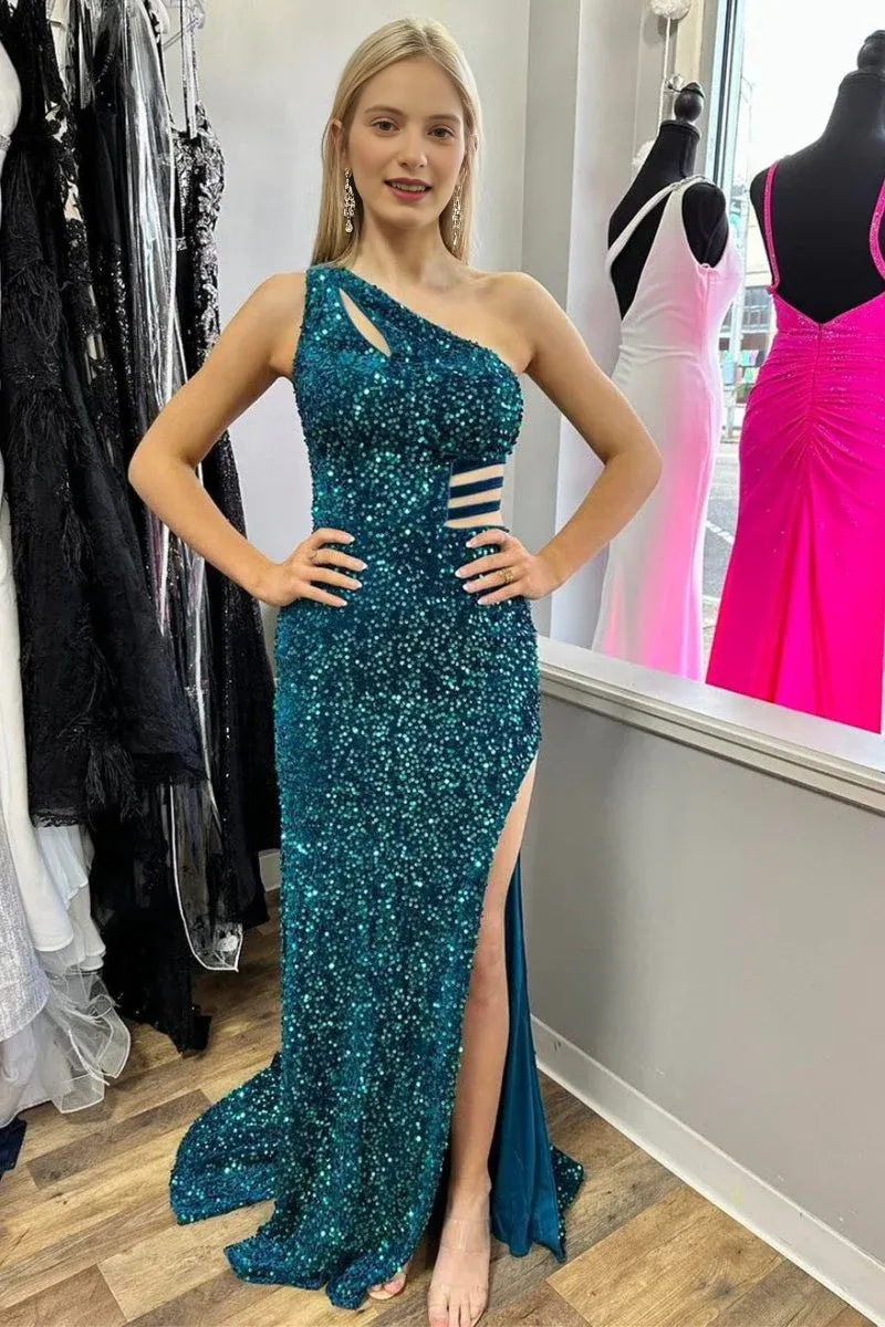 Charming One Shoulder Keyhole Cutout Sequin Turquoise Long Prom Dress With Slit