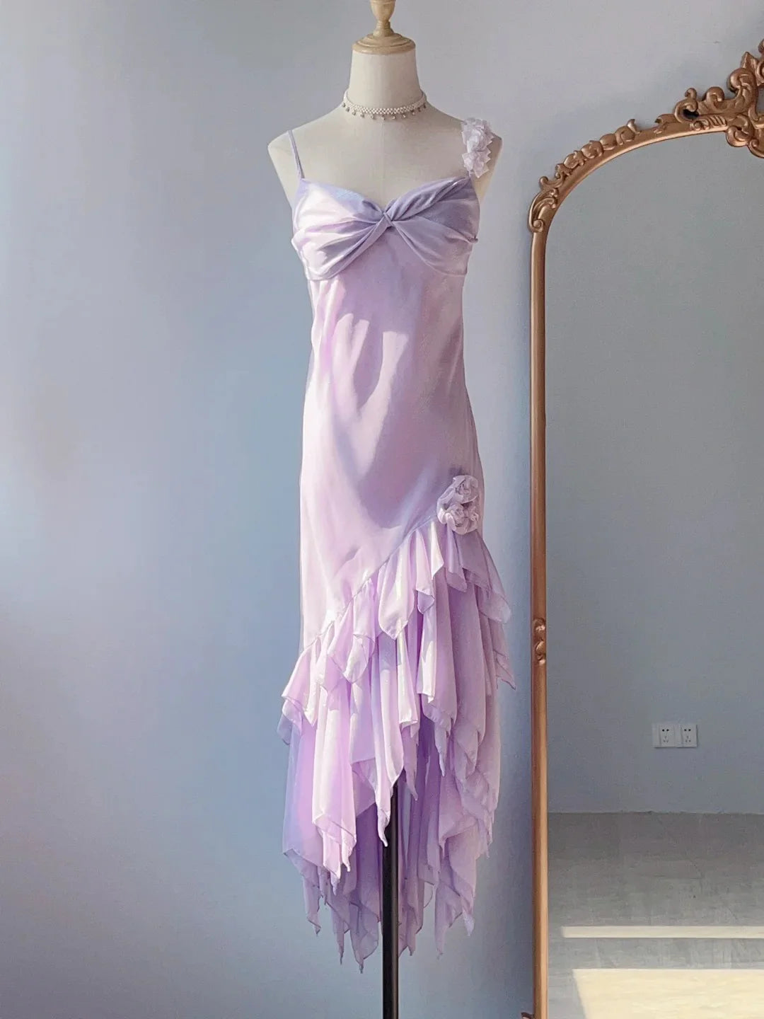Charming Purple Chiffon Spaghetti Straps Mermaid Prom Dress With Asymmetrical Hem