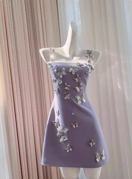 Charming Purple Satin Sequin Butterfly Spaghetti Strap 17th Birthday Short Homecoming Dress