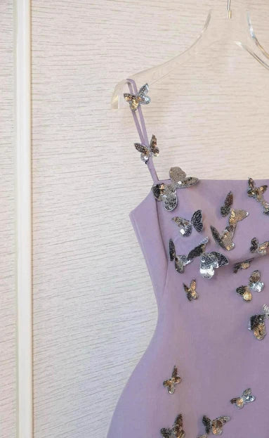 Charming Purple Satin Sequin Butterfly Spaghetti Strap 17th Birthday Short Homecoming Dress