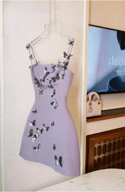 Charming Purple Satin Sequin Butterfly Spaghetti Strap 17th Birthday Short Homecoming Dress