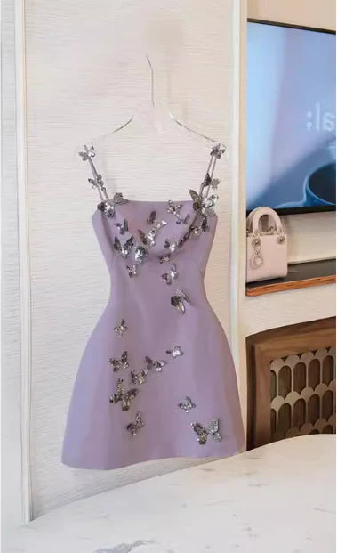 Charming Purple Satin Sequin Butterfly Spaghetti Strap 17th Birthday Short Homecoming Dress