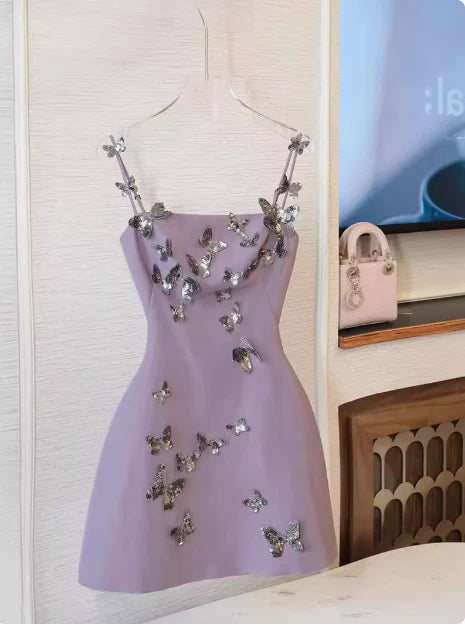 Charming Purple Satin Sequin Butterfly Spaghetti Strap 17th Birthday Short Homecoming Dress