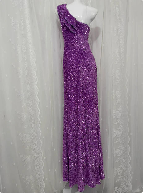 Charming Purple Sequin 3D Flowers One Shoulder High Slit Long Prom Dress Discount Long Evening Dresses