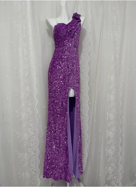 Charming Purple Sequin 3D Flowers One Shoulder High Slit Long Prom Dress Discount Long Evening Dresses