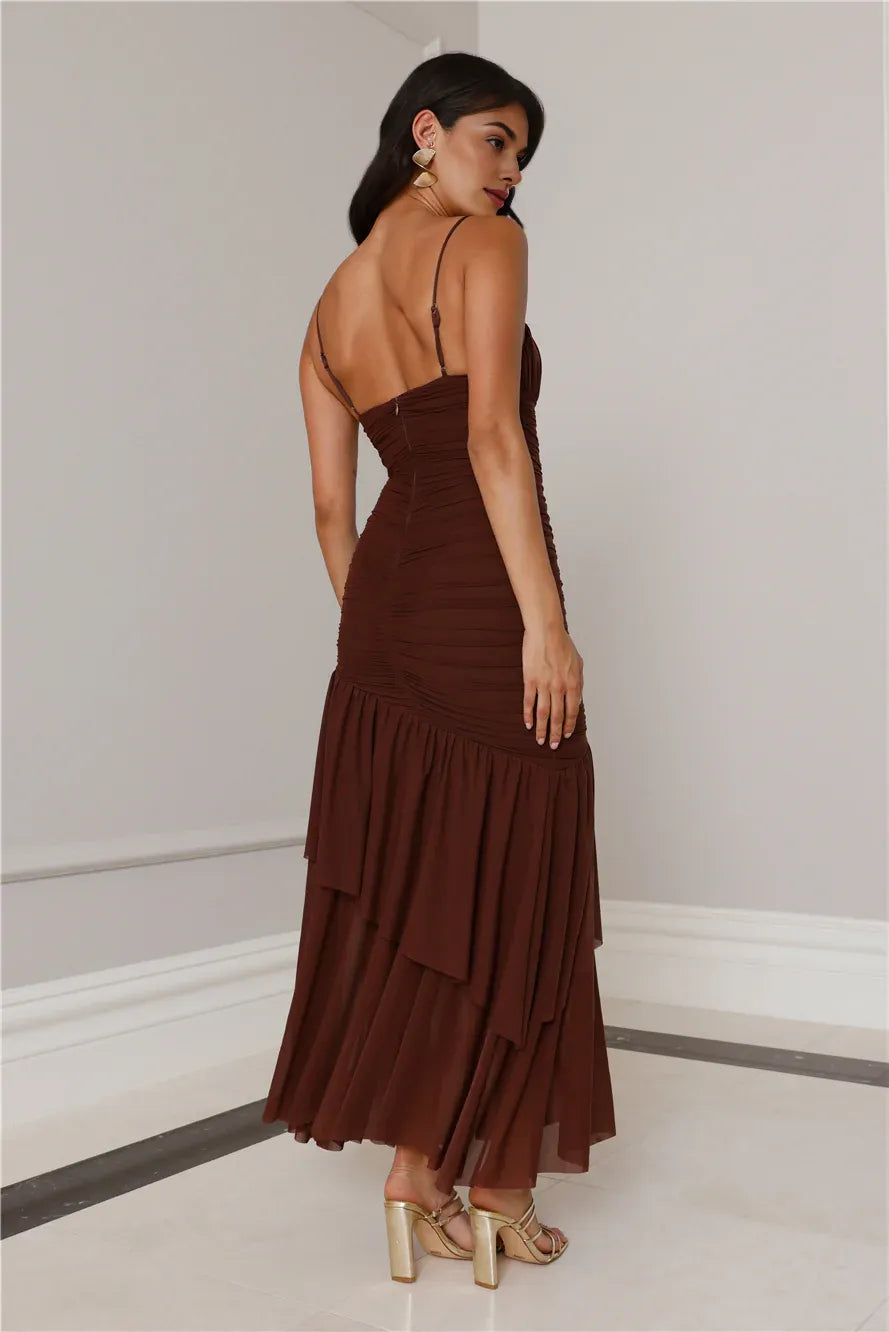 Charming Sheath Spaghetti Straps Pleated Tiered Ruffle Mesh Brown Maxi Prom Dress