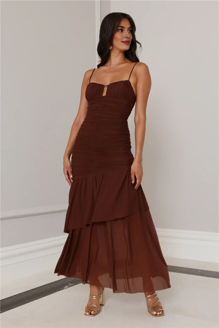 Charming Sheath Spaghetti Straps Pleated Tiered Ruffle Mesh Brown Maxi Prom Dress