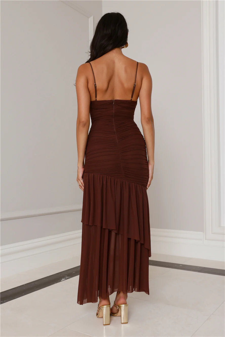 Charming Sheath Spaghetti Straps Pleated Tiered Ruffle Mesh Brown Maxi Prom Dress