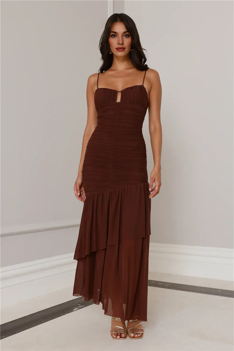 Charming Sheath Spaghetti Straps Pleated Tiered Ruffle Mesh Brown Maxi Prom Dress