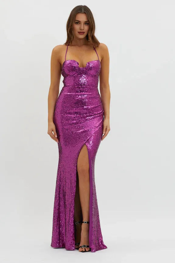 Charming Spaghetti Straps Lace-Up Back Sequin Magenta Maxi Evening Dress