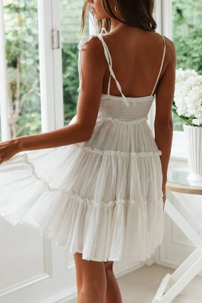 Charming A-line Square Neck Tie Strap Tiered Ruffle White Mini Homecoming Dress
