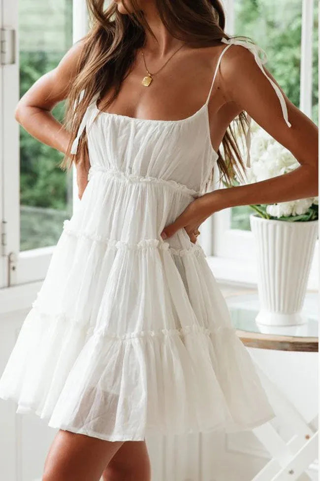 Charming A-line Square Neck Tie Strap Tiered Ruffle White Mini Homecoming Dress