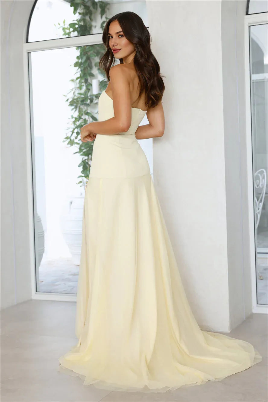 Charming Strapless Layered Slit Mesh Butter Maxi Prom Dress With Short Train