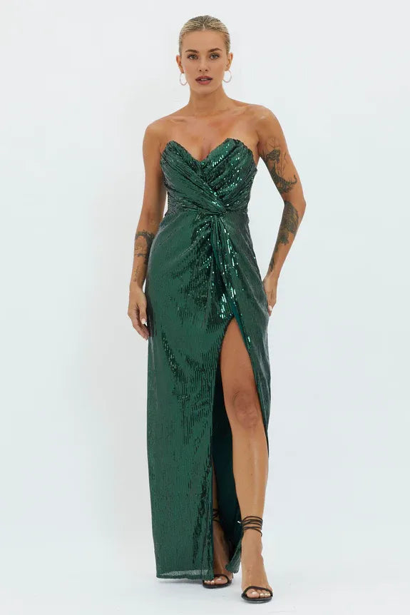 Charming Strapless Sequin Silver Maxi Evening Dress With High Slit Ready To Ship