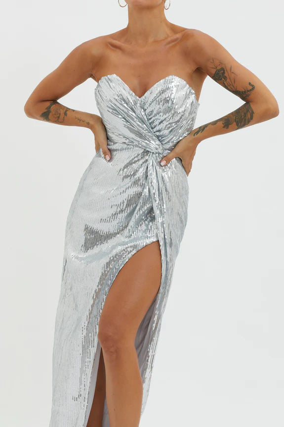 Charming Strapless Sequin Silver Maxi Evening Dress With High Slit Ready To Ship