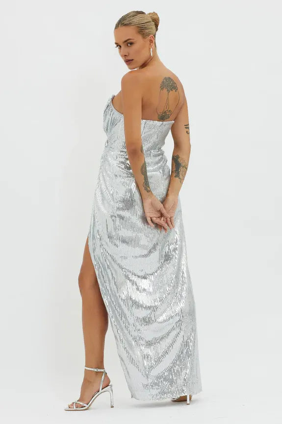 Charming Strapless Sequin Silver Maxi Evening Dress With High Slit Ready To Ship