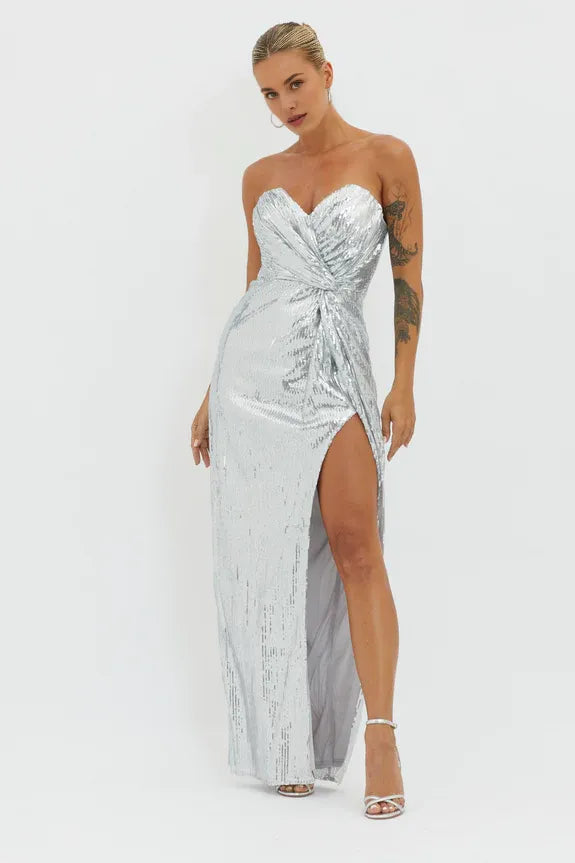 Charming Strapless Sequin Silver Maxi Evening Dress With High Slit Ready To Ship