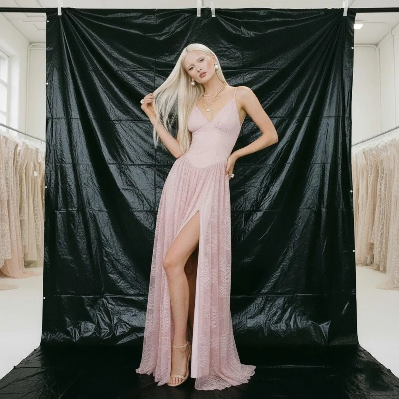 Charming V-Neck Spaghetti Straps Lace Blush Floor Length Prom Dress With High Slit