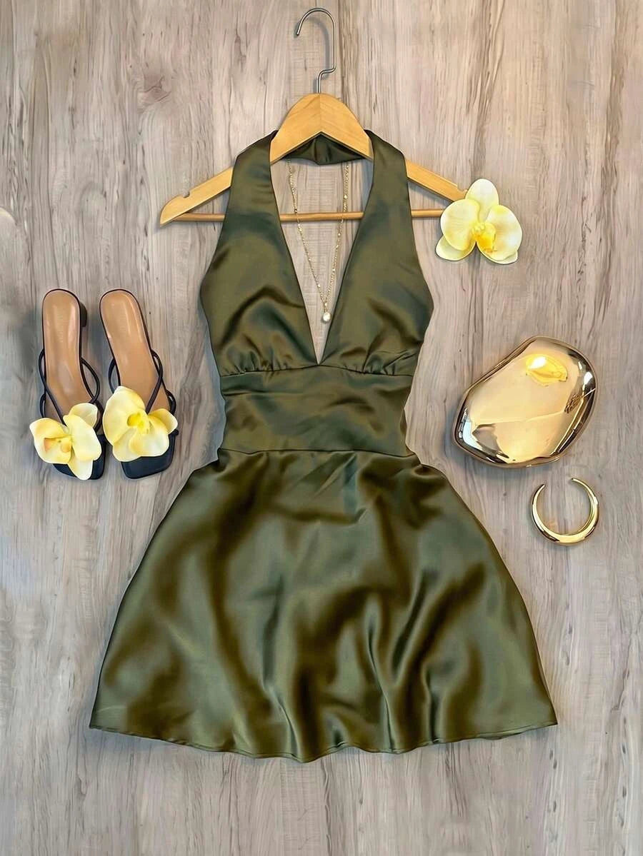 Charming A-Line Halter Deep V-Neck Backless Satin Olive Green Mini Homecoming Dresses