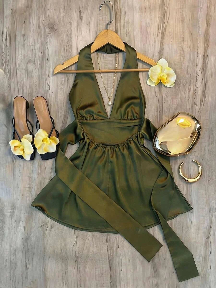 Charming A-Line Halter Deep V-Neck Backless Satin Olive Green Mini Homecoming Dresses