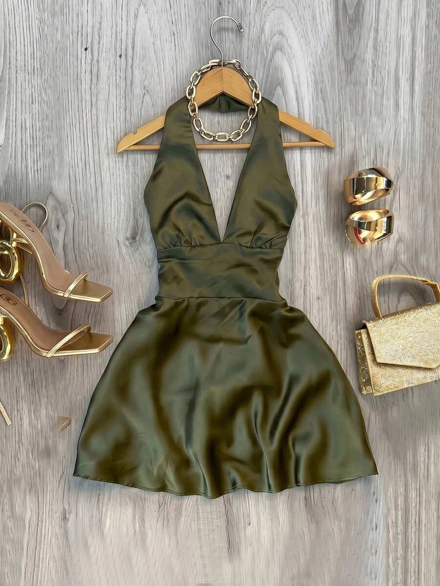 Charming A-Line Halter Deep V-Neck Backless Satin Olive Green Mini Homecoming Dresses
