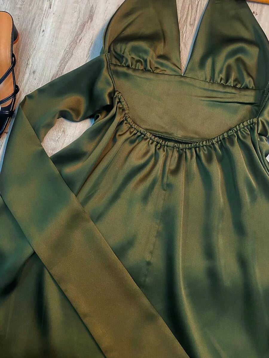 Charming A-Line Halter Deep V-Neck Backless Satin Olive Green Mini Homecoming Dresses