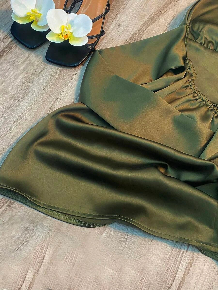 Charming A-Line Halter Deep V-Neck Backless Satin Olive Green Mini Homecoming Dresses