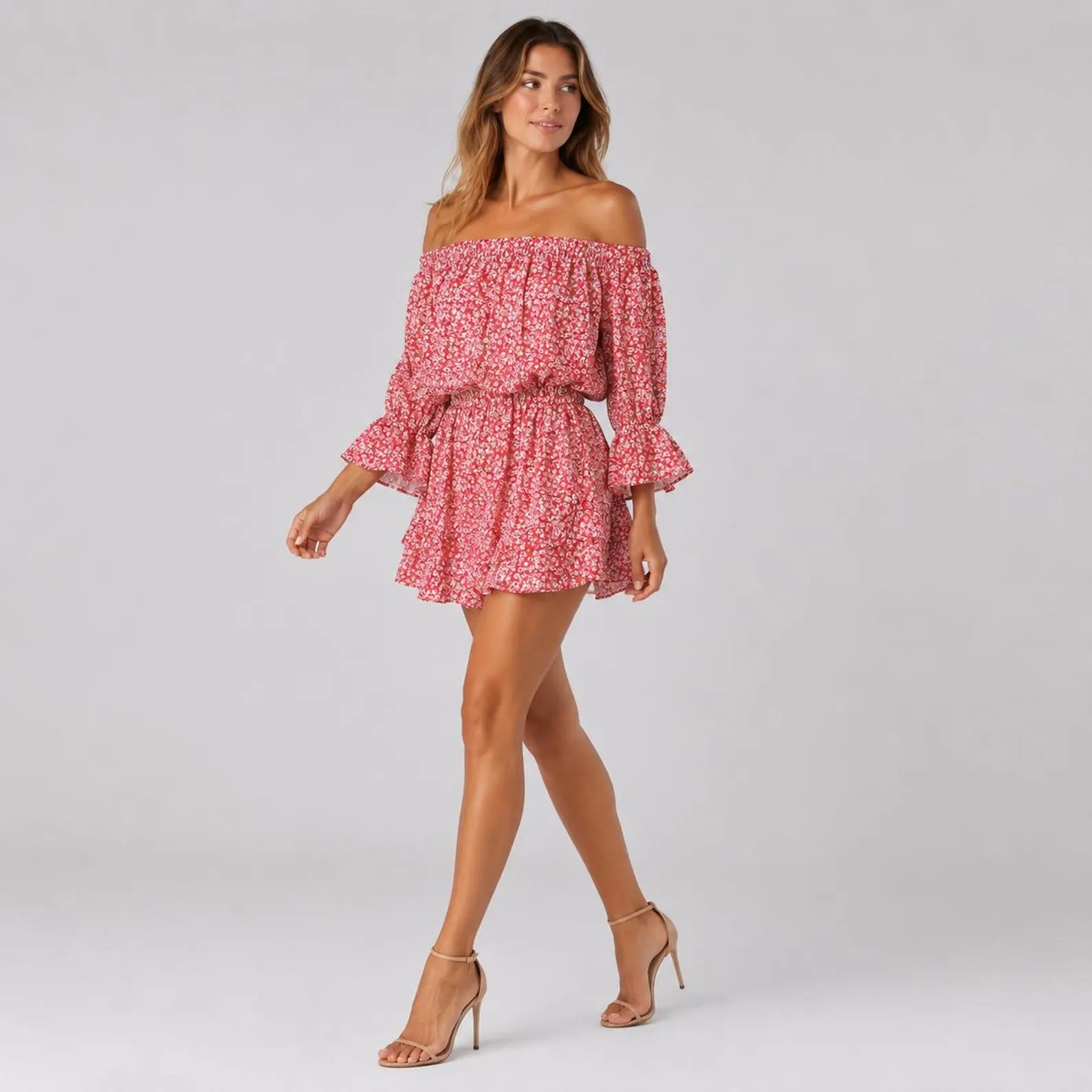Charming A-Line Off-Shoulder Long Sleeve Floral Ruffled Red Mini Homecoming Dresses