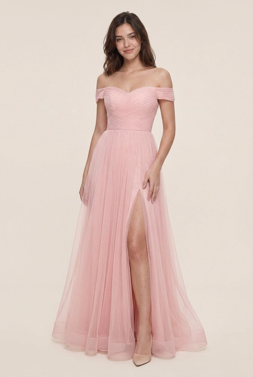 Charming A-Line Off-Shoulder Ruched High Slit Tulle Blush Pink Floor-Length Prom Dress