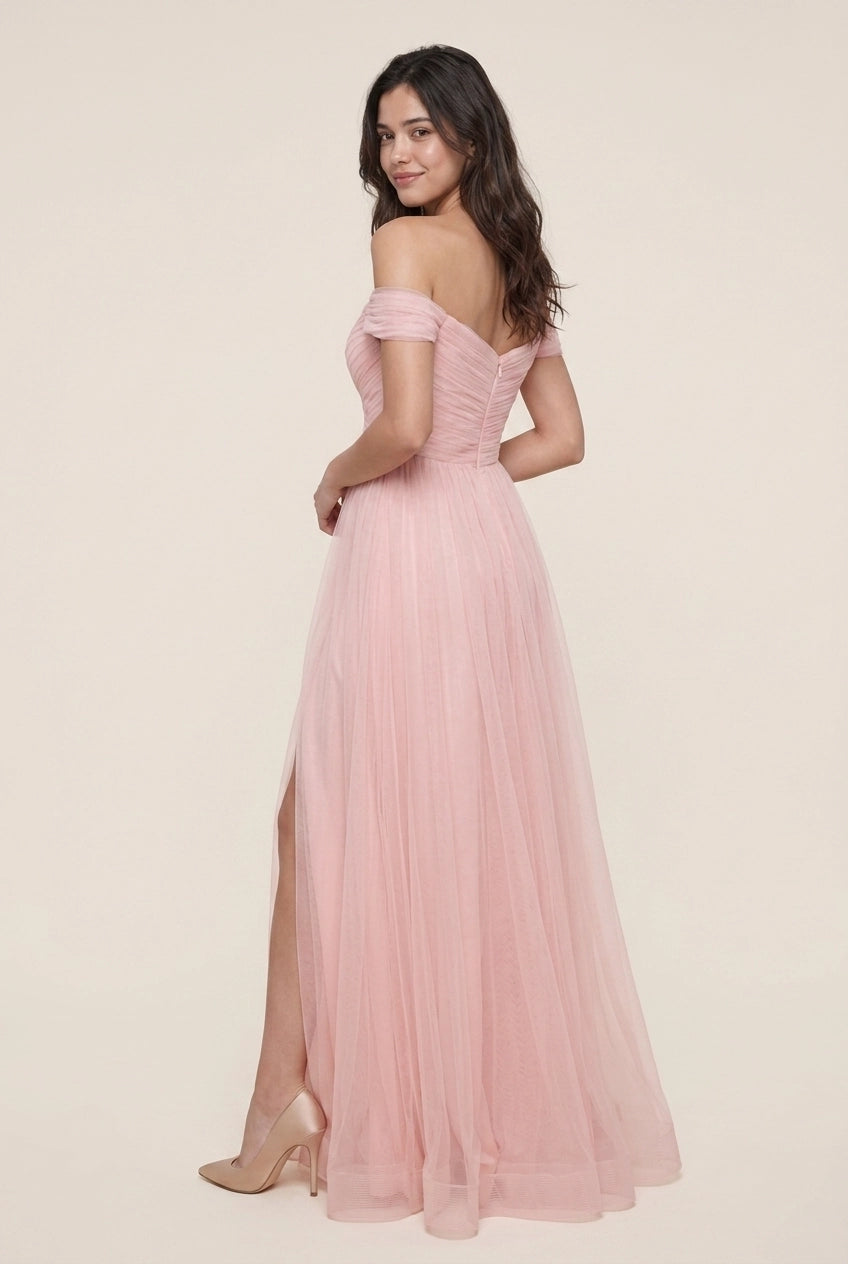 Charming A-Line Off-Shoulder Ruched High Slit Tulle Blush Pink Floor-Length Prom Dress