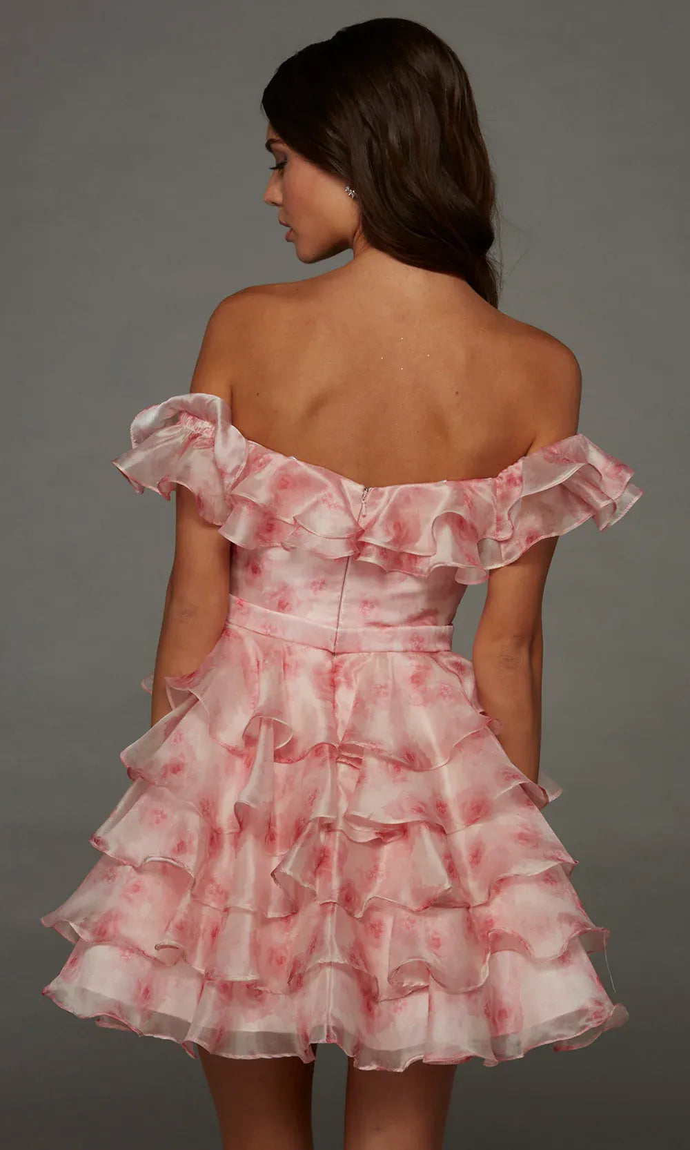Charming A-Line Off-Shoulder Ruffled Floral Organza Pink Short Homecoming Dress
